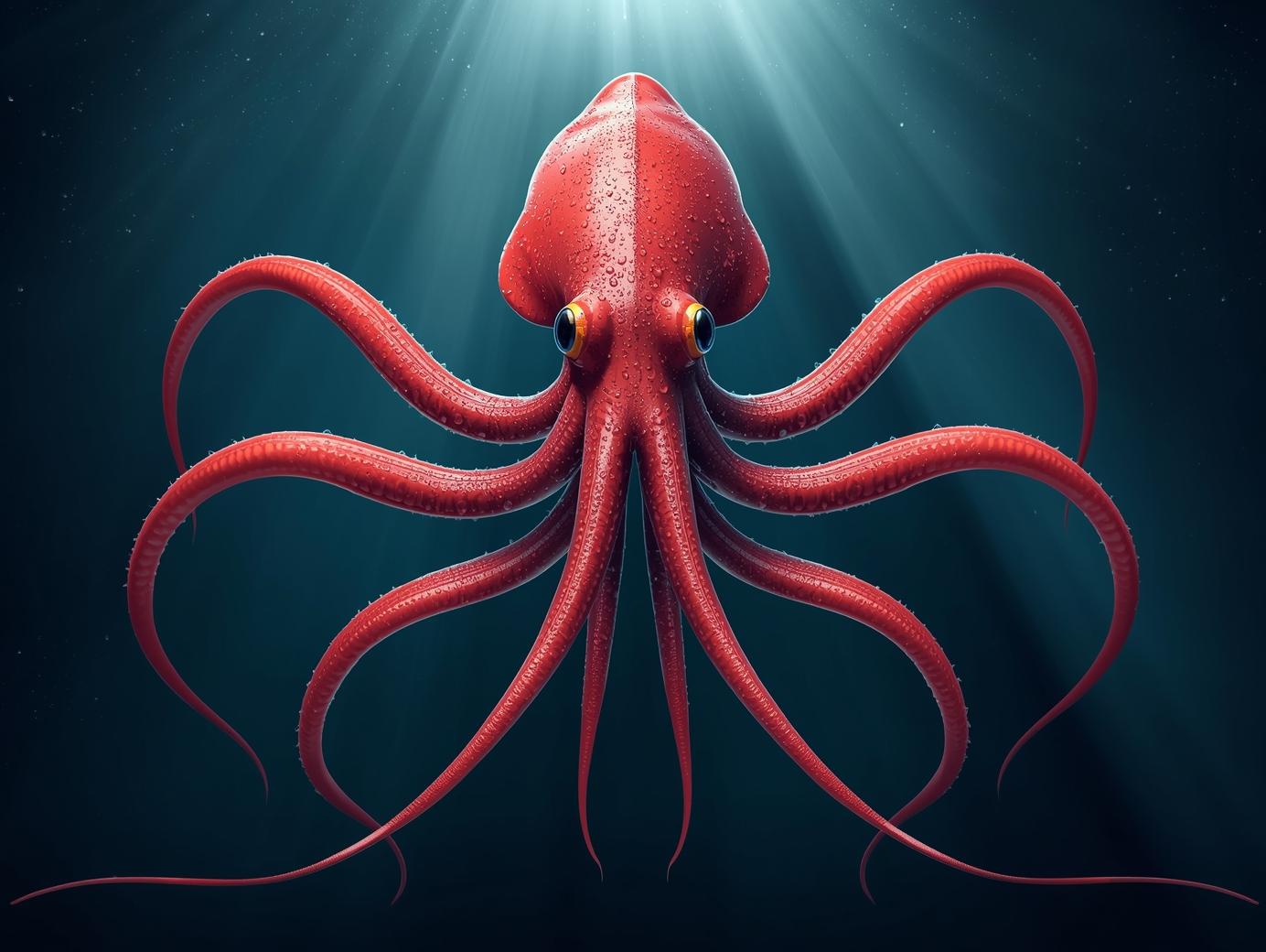 Image of a red squid with 8 legs and two tentacles