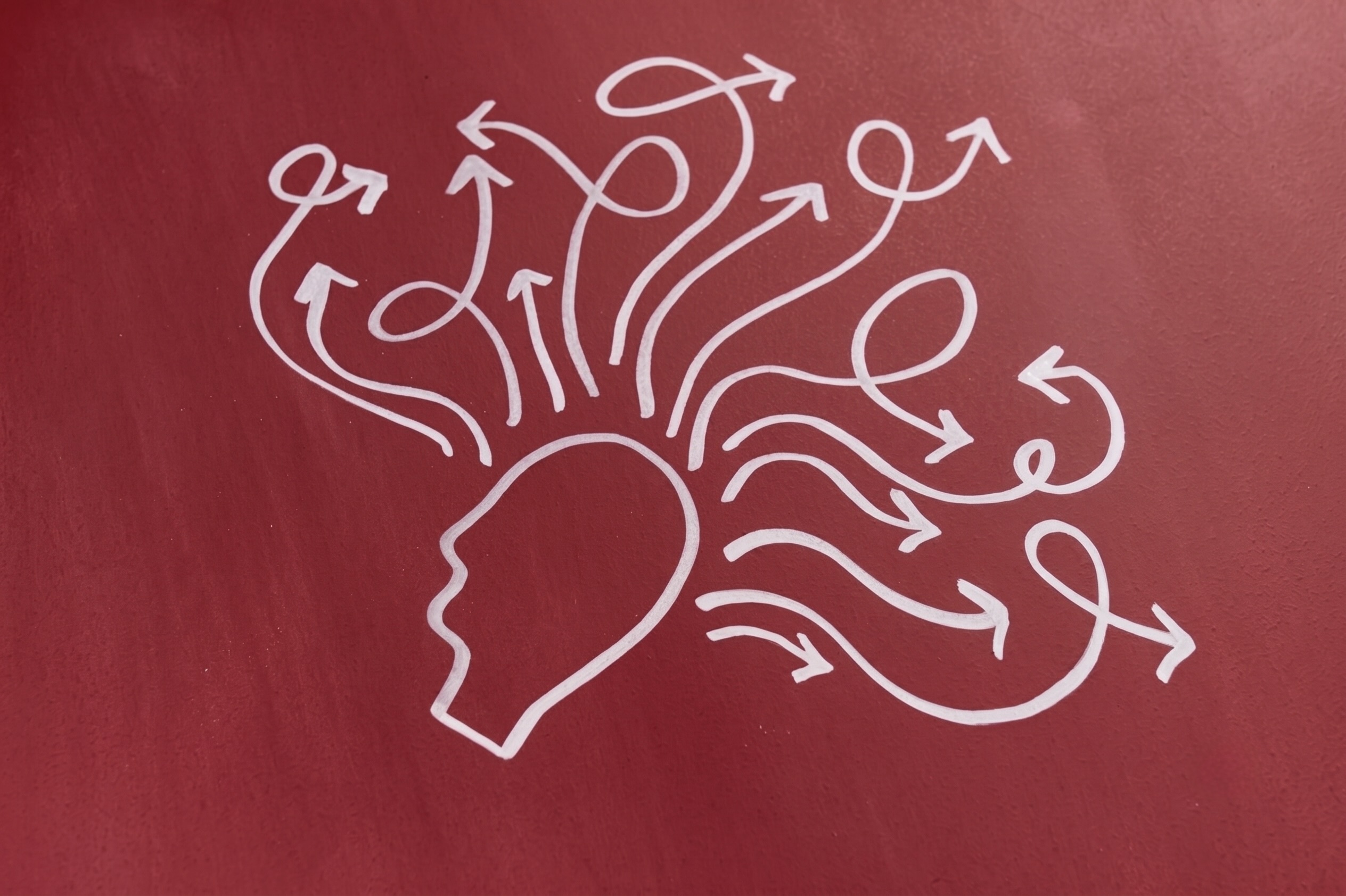 A drawing of a human head with arrows leading away from the brain in an abstract way.